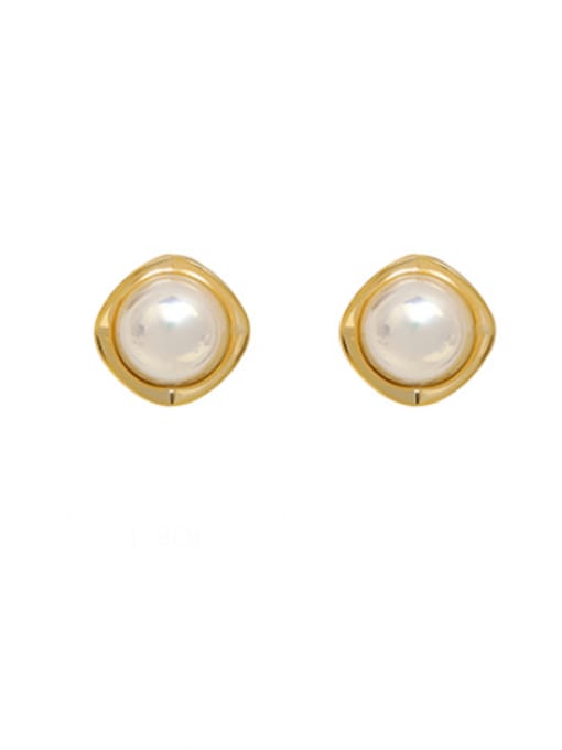 14k Gold [ ear clip] Brass Imitation Pearl Square Minimalist Clip Earring